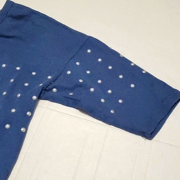 Hannah Blue Gray Boho Chic Long Sleeve Slouchy Sweater With 3D Pearls - Picture 6 of 9